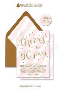 Cheers to 50 years! Elegant blush pink and gold glitter anniversary party invitation with gold glitter lettering and confetti details. Choose from ready made printed invitations with envelopes or printable personal shower invitations. Gold shimmer envelopes and matching envelope liners also available. digibuddha.com