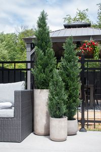 Outdoor artificial cedar shrub in pot measuring 6 feet tall. Choose artificial shrubs to update the look of your indoor or outdoor decor. These models come with a 2-year warranty against UV discoloration so you don’t have to worry about them changing color while they change the whole vibe of your patio! Group a few together to create a realistic cedar wall. Other dimensions also available. – For indoor and outdoor use – Two-year warranty against discoloration caused by UV rays – No watering, no