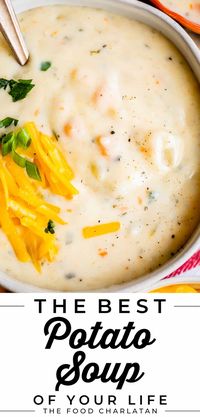 Easy Potato Soup Recipe (30 Minutes!) from The Food Charlatan. This recipe, given to me from the granddaughter of an Idaho potato farmer, is the real deal. This homemade soup is creamy, thick, and luxurious, even without the optional cheesy garnish. It is truly the best potato soup I've ever tried. It only takes about 30 minutes to make! Make this soup with a batch of homemade dinner rolls or some crusty French bread and you will be in heaven. Click through to see the step by step instructions!