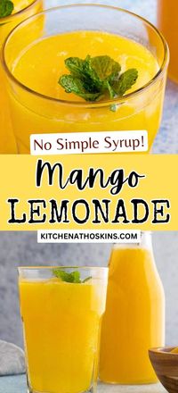 Learn how to make homemade mango lemonade recipe without simple syrup and with fresh mangoes. This non alcoholic summer drink is perfect for kids or for a party. Get the easy mango lemonade recipe at kitchenathoskins.com.