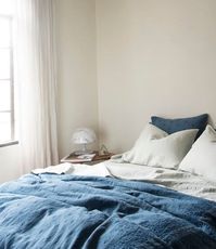 Linen Standard Pillowcases and Sheets in Eucalyptus, Ines Standard Shams and Queen Duvet Cover in Midnight