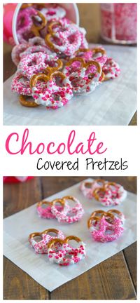 Chocolate Covered Pretzels - super easy and fun treat for any occasion.  Pretzels dipping in white chocolate and coated in sprinkles.