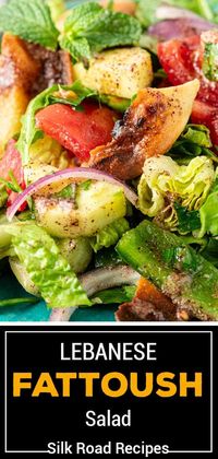 Lebanese Fattoush is loaded with crisp bits of pita and dressed with zesty sumac. Serve this salad with your favorite Middle-Eastern entree.