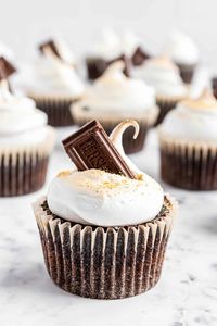 The most delightfully moist homemade chocolate s'mores cupcakes, topped with graham crackers, marshmallow frosting and more chocolate. 