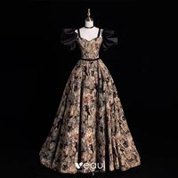 Vintage / Retro Black Cat Printing Prom Dresses 2023 Puffy Short Sleeve Backless Formal Dresses