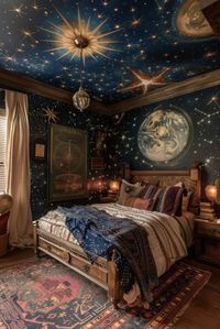 The Celestial Enchantment Space rustic boho witchy bedroom merges celestial patterns with rustic textures, featuring a hand-painted celestial mural on rough plaster walls. The furniture blends old-world rustic with celestial sleek, with star-patterned bedding and galaxy-print curtains. Accents like globes, telescopes, and metallic star sculptures enhance the magical, exploratory theme. This bedroom is designed for those drawn to the mysteries of the universe and the beauty of the night sky. Click to learn more about creating a celestial enchantment space.