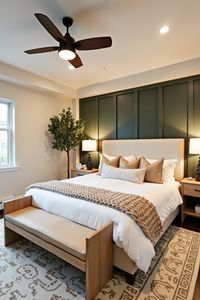 Modern farmhouse bedroom with a cozy green accent wall, warm wood furniture, and layered textures. Perfect for a calm, relaxing retreat with stylish natural decor.  #ModernFarmhouseBedroom #CozyBedroomDecor #AccentWallIdeas #NeutralHomeDecor #BedroomInspiration