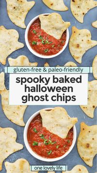 Spooky Baked Ghost Chips - You only need 15 minutes and 3 ingredients to make these adorable Halloween chips. The perfect spooky Halloween snack! Don't miss our favorite dips below! (Gluten-Free, Paleo-Friendly, Vegan-Friendly) // Halloween Snacks for Kids // Healthy Halloween Snack // Baked Ghost Chips // Halloween Chips