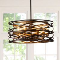 This 6-light chandelier features an eye-catching silhouette that includes a fixture surrounded by multiple iron rings for a piece that's full of movement and dimension. Sleek black and distressed brown finishes intermingle to create a bold modern look that fills out any living area or dining room. Six bulbs, sold separately, are connected to a candelabra base, and they hang with the help of a height-adjustable rod and a canopy that's compatible with sloped ceilings. This chandelier also works wi