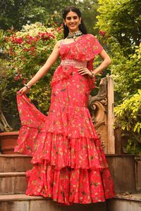 Buy Neha Chopra Tandon Pink Organza Floral Print Ruffle Saree With Blouse Online | Aza Fashions