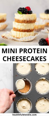 These mini protein cheesecakes are the perfect healthy dessert with over 9 grams of protein per serving! They have a homemade buttery graham cracker crust and are made with Greek yogurt and light cream cheese.