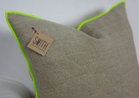 18" Square Linen Cushion Cover, Edged in pop of colour.  Approx. 18" square; 100% Linen; Envelope closure.