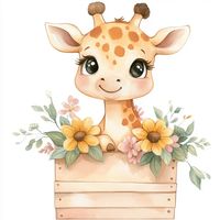 Illustration of a baby giraffe in soft pastel colors, featuring a playful and whimsical style.