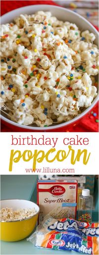 This sweet and salty Birthday Cake Popcorn has a delicious cake batter flavor that is SO addicting! You can't go wrong with white cake mix, vanilla, marshmallows, butter, and popcorn!! #birthdaycakepopcorn #popcorn #birthdaycake #cakebatterpopcorn #popcornrecipe