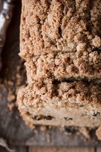 High altitude tested cinnamon raisin loaf cake with buttery brown sugar crumble topping.  This simple coffee cake is delicious served warm from the oven for breakfast or dessert.