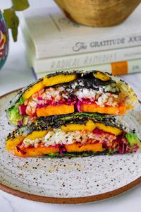 Crispy Rice Paper Rainbow Onigirazu (vegan sushi sandwich) - Justine Cooks Vegan