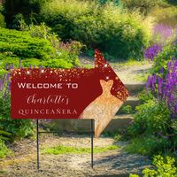 Quinceanera red gold dress glitter arrow sign