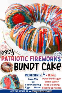 This easy red white and blue bundt cake recipe is the perfect patriotic dessert for your 4th of July celebrations. Made with boxed cake mix, food coloring, and a simple powdered guar glaze on top, every bite is flavorful, sweet, and a crowd-pleaser.