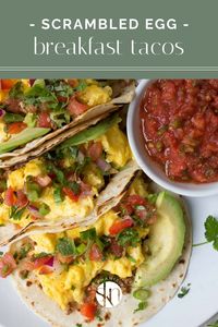 Filled with scrambled eggs, sausage, cheese, avocado, and salsa, these easy breakfast tacos are a healthy morning meal.