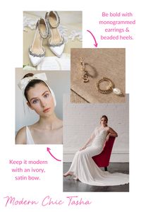 The sleek sheath fit of our Tasha Gown is perfect for a modern bride! Reflect the clear crystal and silver sequin beading details in your accessories. Choose similarly beaded heels, and go bold with chic monogrammed earrings. Keep other jewelry minimal. Complete the look with a satin bow and a sleep updo, instead of a traditional veil. Check out our other styling boards or visit our website lookbooks for more wedding day styling inspiration!