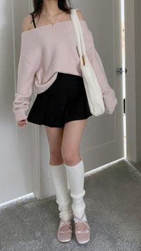 Playboy mini skirt, aritzia sweater, balletcore, black mini skirt, pink sweater, pink button up sweater, cute fit, stylish outfit, black skirt outfit, ribbon outfit