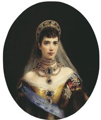 A stunning portrait of Tsarina Maria Feodorovna wearing a magnificent sapphire parure, by Konstantin Makovsky, with the sapphire tiara attached to a fabrick kokosnic