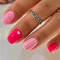 Bright Pink/Baby Pink With Polka Dots, Stripes & Heart Press On Nail Set. Contains 24 Square Shape Reusable Nails, Nail File, And Jelly Adhesive New