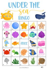 Ready for Under the Sea theme Party? We've prepared 50 Unique Under the Sea BINGO cards! This is perfect for every Under the Sea theme party.Goal: Be the first person to mark five(5) images in a row!Pages: 55 pagesThis file has Under the Sea Tokens, Under the Sea Calling Cards, Under the Sea Bingo Cards, and Under the Sea BINGO Instructions. We have prepared 50 Under the Sea BINGO CARDS!Paper Format:A4 size - 21cm x 29.7cm Keywords: , Under the Sea Theme, Under the Sea Bingo Game, Under the Sea