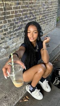 #amazonaffiliate #amazon #ad #commission #latesummer #coffeeshop #blackgirl knotless braids, black small tshirt, headphones, iced coffee, white nails, ankle socks, aesthetic, clear skin