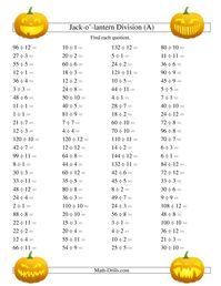 The Jack-o-Lantern Division Facts to 144 (A) Math Worksheet from the Halloween Math Worksheets Page at Math-Drills.com.