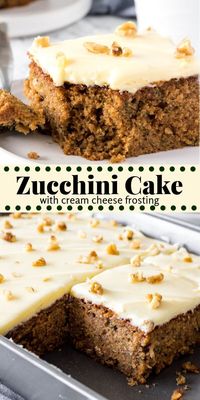 Zucchini cake is a moist, dense, spice cake that's topped with tangy cream cheese frosting. Brown sugar, cinnamon and nutmeg give the cake its delicious flavor - then adding grated zucchini makes the cake have the most irresistible crumb. And when there's cream cheese icing involved - can you really go wrong? #zucchini #recipes #cake #zucchinicake #zucchinidesserts #creamcheesefrosting #spicecake