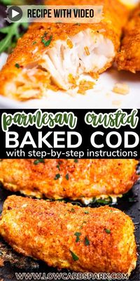 This Crusted Parmesan Cod is tender, flaky, and moist with a delicious parmesan topping. Make the best oven-baked cod recipe that's ready in less than 20 minutes. A family favorite cod recipe that's naturally keto-friendly, gluten-free recipe, and pairs perfectly with many side dishes. #codfillets #codrecipe