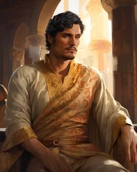 prompt: Illustrate Oberyn Martell in a contemplative moment, perhaps in the quiet chambers of the Red Keep. Showcase the intricate details of his Dornish attire, capturing the mix of luxury and practicality that defines his style. Emphasize the enigmatic charm of Oberyn through the play of shadows and light on his expressive features.