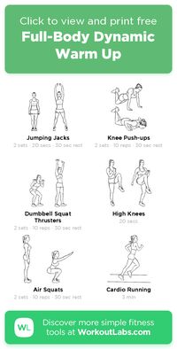 Free workout: Full-Body Dynamic Warm Up – 12-min abs, cardio, chest, legs exercise routine. Try it now or download as a printable PDF! Browse more training plans and create your own exercise programs with #WorkoutLabsFit · #AbsWorkout #CardioWorkout #ChestWorkout #LegsWorkout