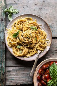 20 Minute Garlic Basil Brown Butter Pasta | halfbakedharvest.com #pasta #easyrecipe #tomatoes #basil #easyrecipes #spring #summer