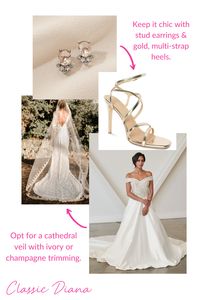 For an elegant wedding day look, our Diana Gown is a perfect option. Pair this regal gown with classic accessories that don't overpower, but tie the whole look together. Opt for sparkly stud earrings and strappy heels. A traditional cathedral veil is the icing on the cake. Opt for ivory or champagne trim (depending on the tone of the accessories you choose). This classic princess wedding day look will never go out of style! Visit our website lookbooks for more wedding style inspiration!