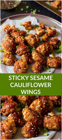 These Sticky Sesame Cauliflower Wings are the best veggie wings I've ever had! Loaded with a maple sesame flavor and spice, they are the perfect party snack! | http://jessicainthekitchen.com