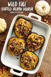 Wild Rice Stuffed Acorn Squash makes a great vegetarian (or vegan) Thanksgiving main dish, or a delicious dinner for any chilly fall evening! Budgetbytes.com