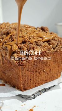 This Biscoff banana bread is moist, tender, and topped with a delicious Biscoff streusel and a cookie butter drizzle.