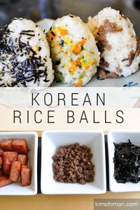 Korean Rice Balls or Jumeok Bap are best on-the-go lunch for adults or kids. Filling variations are endless and can be gluten free and vegan. #riceballs #lunchbox #onigiri #dosirak #koreanfood #kimchimari