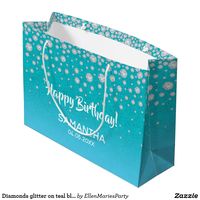 Diamonds glitter on teal blue green Happy Birthday Large Gift Bag