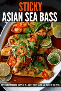 Soft, flaky sea bass, drizzled in a sweet, spicy sauce and baked in the oven. Super quick and easy - ready in 12 minutes! #seabass #asianseabass #asianfish #quickdinner