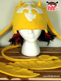 CRANIUM CANDY TIMCAMPY HATThis soft fleece cranium hat fits over most of your head comfortably. This design features the popular golden golem Timcampy from the anime/manga D. Gray Man.EACH HAT IS CUSTOM MADE TO ORDER SO WILL VARY SLIGHTLY FROM PHOTOGRAPHS.Made and ships within 2 - 3 weeks.