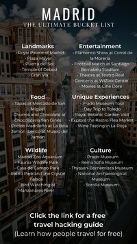 Here is a Madrid bucket list. 30+ Things to do in Madrid.  Click the link for a free travel hacking guide.