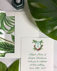 Bring paradise to your special day with this hand-painted watercolor wedding crest! Featuring lush palm trees and vibrant tropical flowers surrounding your customizable initials, this design adds a touch of exotic elegance to your celebration. The soft, dreamy watercolor style perfectly captures the romance of a destination wedding.

Versatile and unique, this crest is ideal for invitations, save the dates, thank you cards, menus, and welcome signs.

Whether you're tying the knot on a beautiful beach or just want to infuse your big day with island vibes, this crest sets the perfect tone.