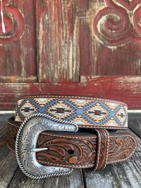 Men's Western Aztec Dress Belt - N210008697 Leather Belt Tooled Leather Belt Aztec Embroidered Design Silver Buckle Lt. Blue / Tan / Brown