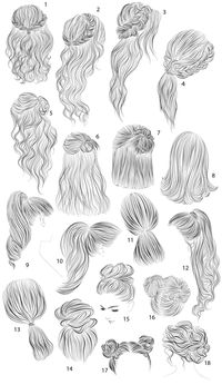 Big collection ( 18 illustrations ) of beautiful, trendy woman hairstyles. Various styles - braids, buns, ponytails loose hair, half buns and half ponytails and more. Hand drawn vector