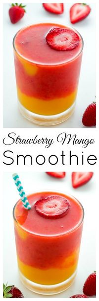 Strawberry Mango Smoothie - this recipe only calls for 3 ingredients and can be ready in 5 minutes! Treat yourself to one TODAY.