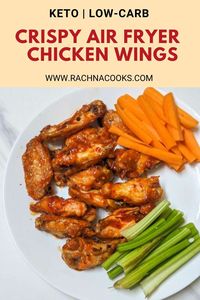 These are crispy Air fryer chicken wings that are so easy to make. They are a healthy, low-carb keto snack that use no flour. Serve them with carrots, celery sticks and a nice dip for a tasty side or meal. These hot, spicy wings are a perfect appetizer on a game night. #easycripsyairfryerchickenwings #bestketoairfryerchickenwings #buffalochickenwingsrecipe