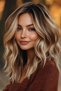 Her hair falls in full, bouncy waves that reach her shoulders. The color is eye-catching, with darker roots that gradually fade into bright blonde ends, creating a natural-looking, sun-touched effect. - Click to see more of 29 Radiant Autumn Hues for Blonde Tresses and follow us for more hairstyle ideas.